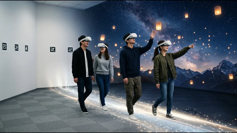 Fyra personer med VR-glasögon går i ett rum, och framför dem öppnar sig en annan värld