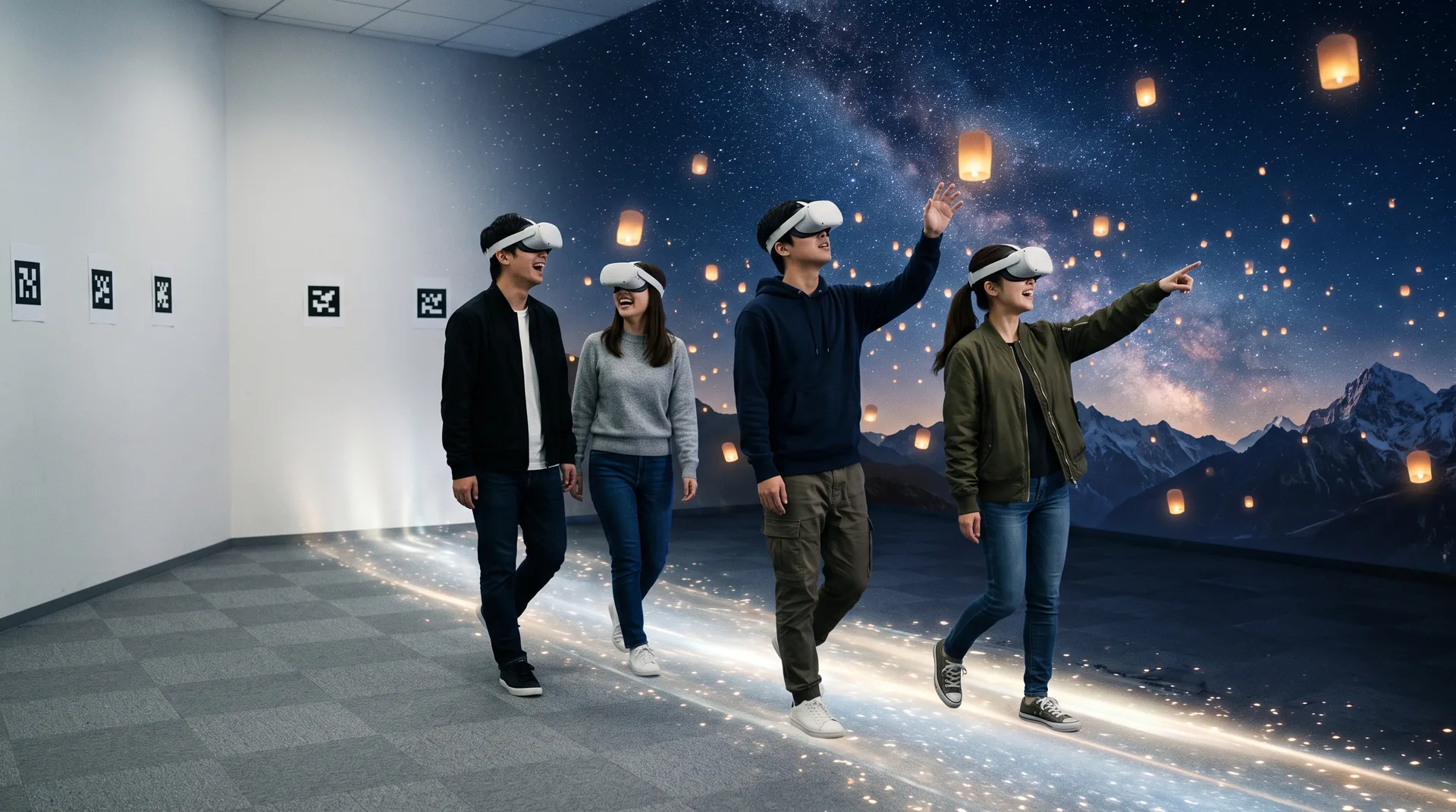 Vier Personen mit VR-Brille gehen durch einen Raum mit Markern an den Wänden. Am Ende des Raums öffnen sich ein Nachthimmel mit schwebenden Lichtern und eine Bergkette