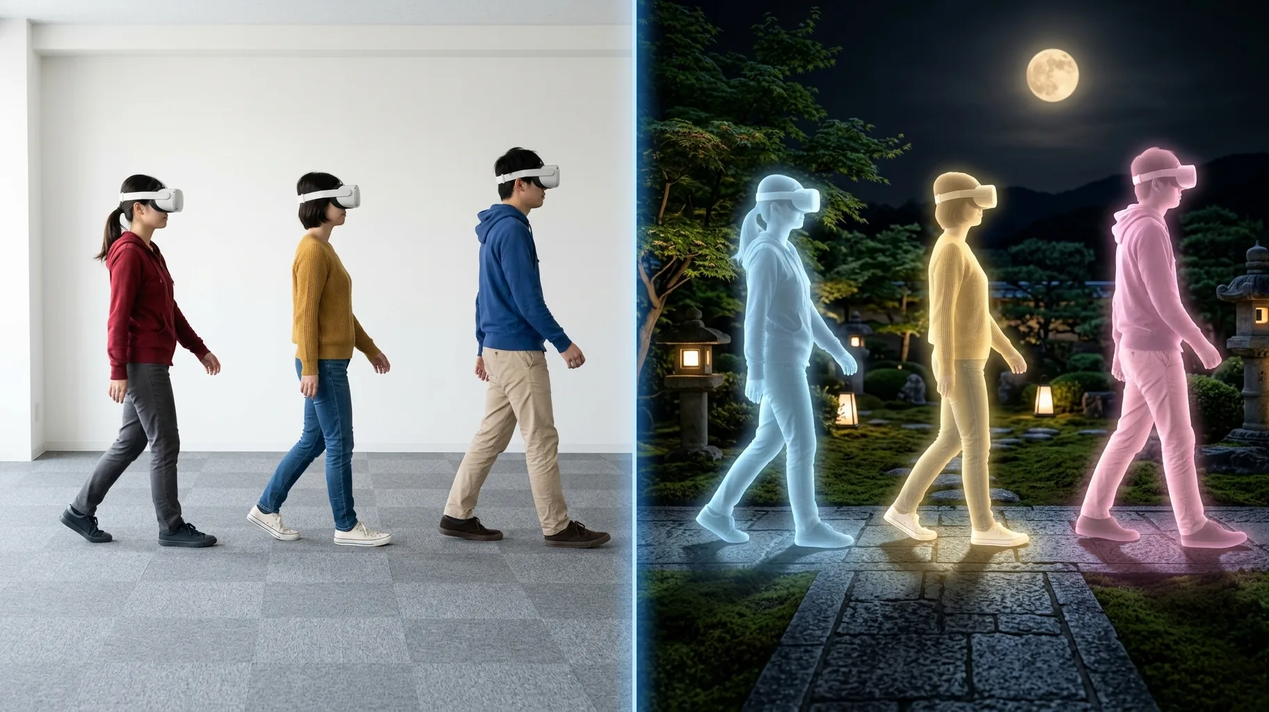 Linke Hälfte: Drei Personen mit VR-Brille gehen durch einen leeren Raum. Rechte Hälfte: Dieselben drei gehen mit denselben Schritten als Lichtgestalten durch einen Garten im Mondschein