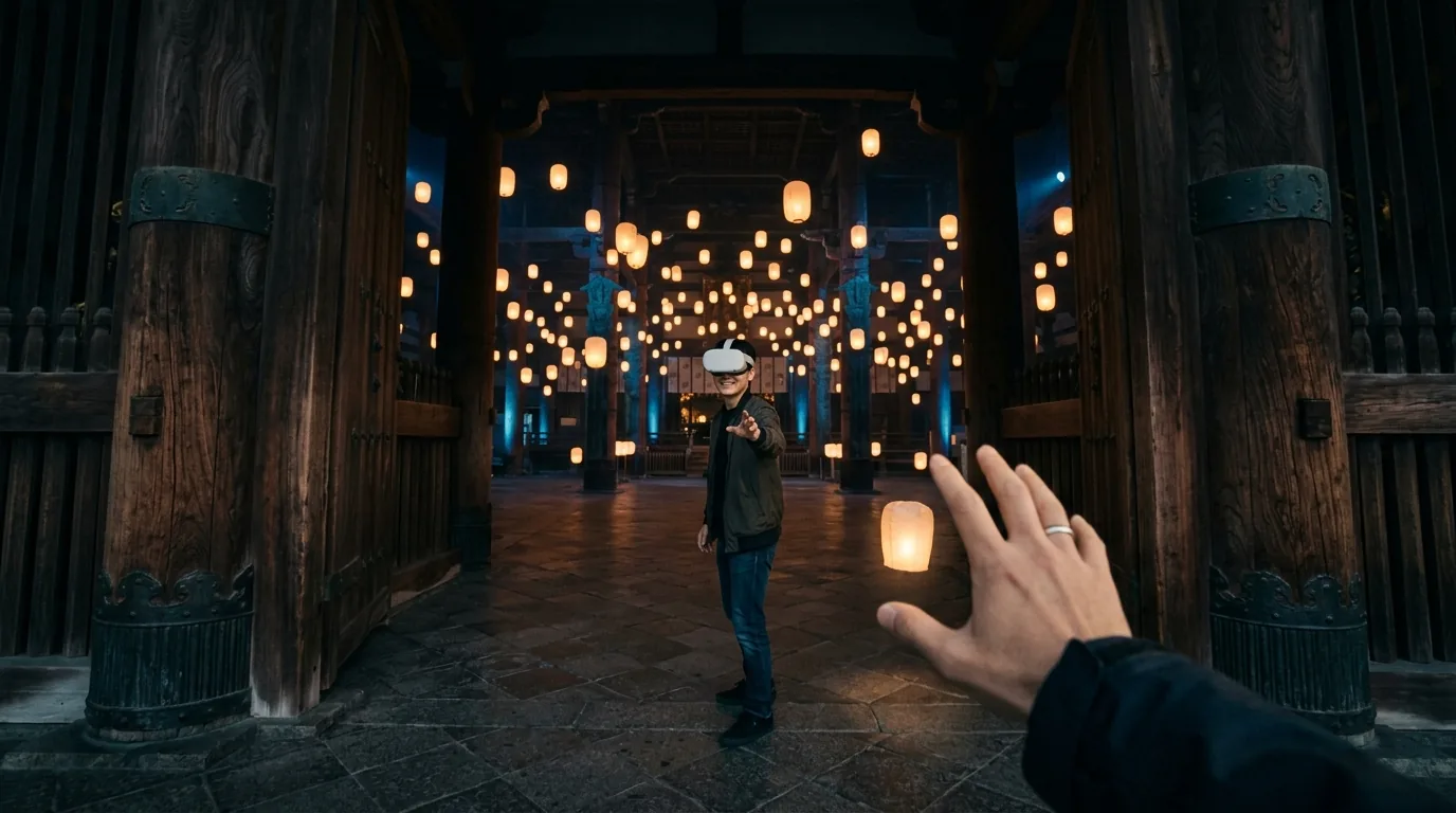 Blick aus der Perspektive einer teilnehmenden Person: Hinter einem großen Tor liegt eine Halle mit vielen schwebenden Lichtern, ein vorausgehender Freund dreht sich um und winkt heran
