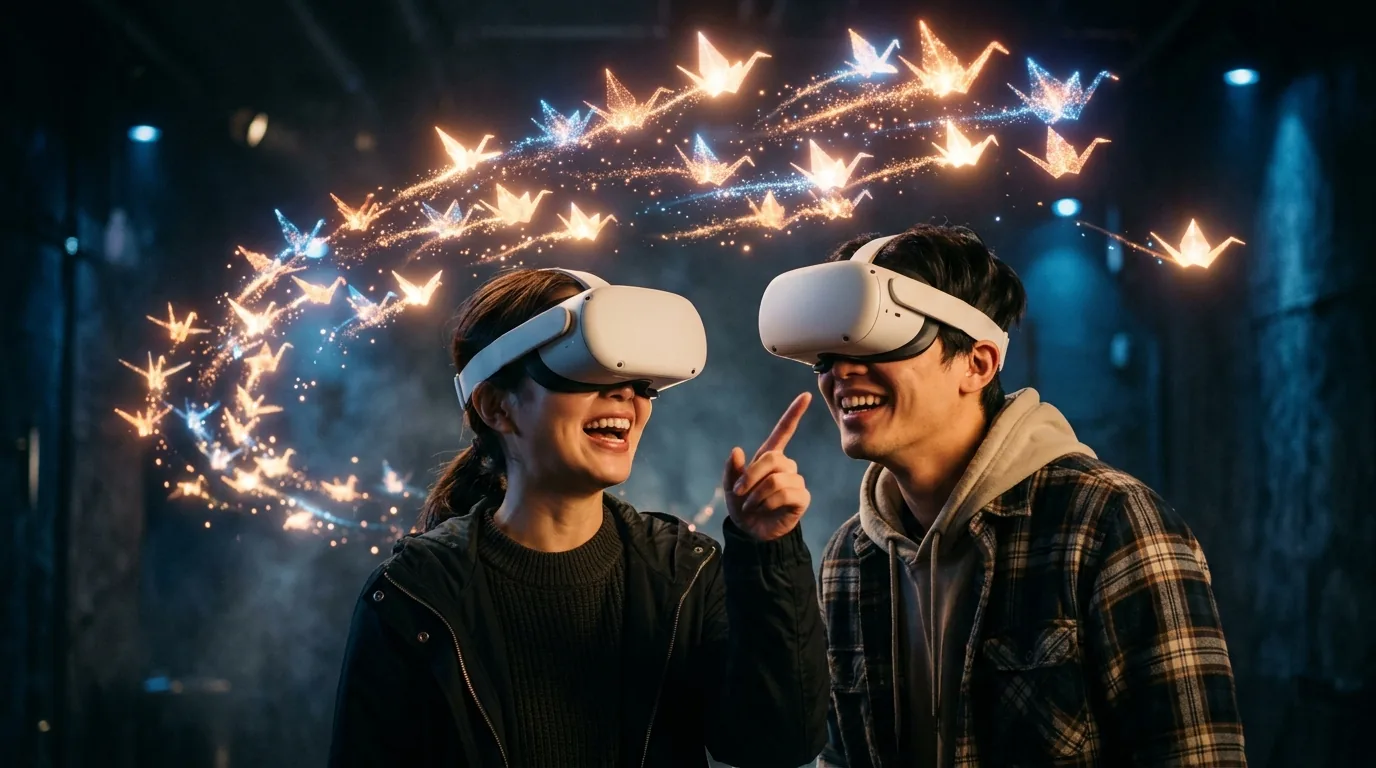 Zwei Personen mit VR-Brille stehen lachend nebeneinander und zeigen auf Origami-Kraniche aus Licht, die über ihren Köpfen fliegen