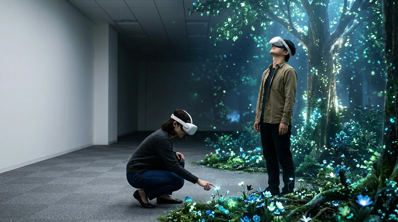 Eine Frau mit VR-Brille hockt am Boden und streckt den Finger nach den leuchtenden Blumen zu ihren Füßen aus, der Mann neben ihr blickt zu einem mächtigen Baum aus Licht hinauf