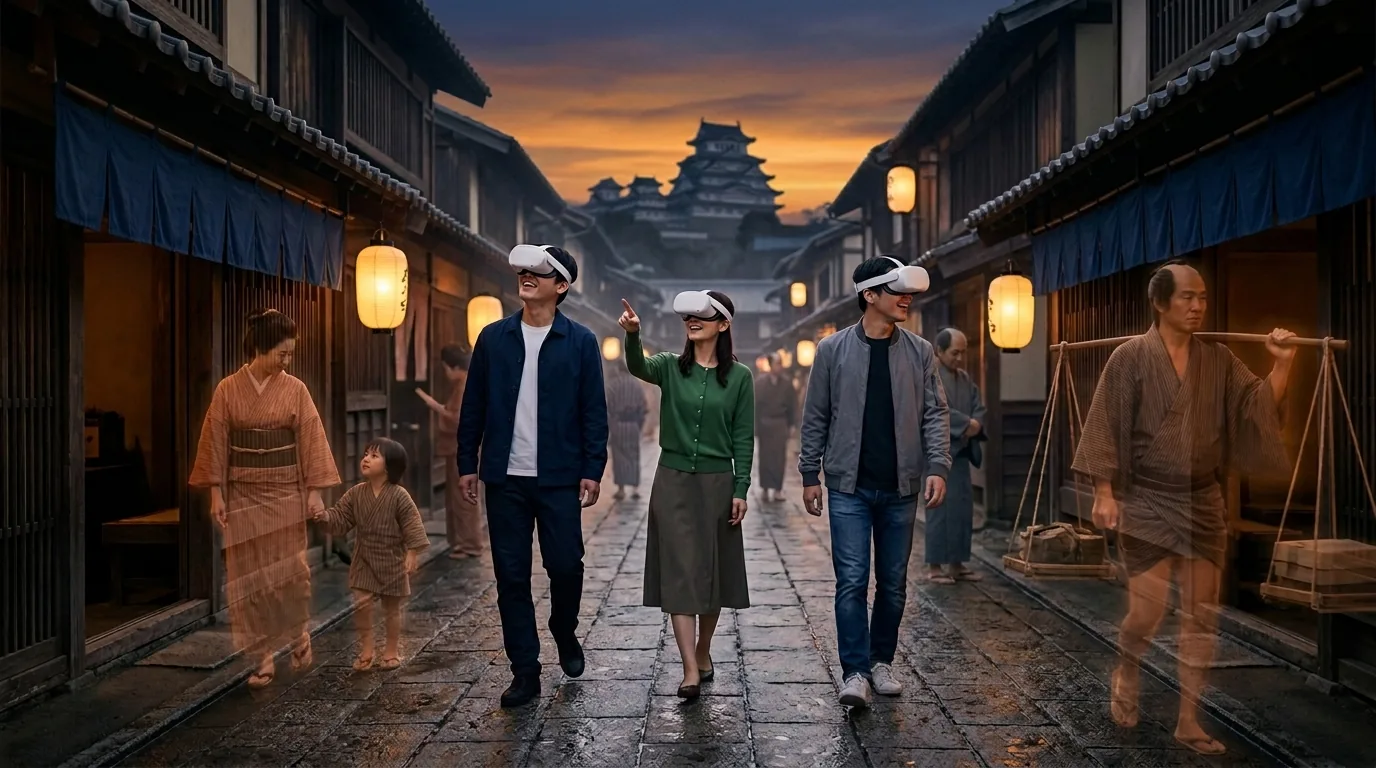 Alter japanischer Straßenzug in der Abenddämmerung. Drei Personen mit VR-Brille kommen lächelnd die Straße entlang, vorbei an Stadtbewohnern im Kimono, die aus Licht bestehen. In der Ferne ist eine Burg zu sehen