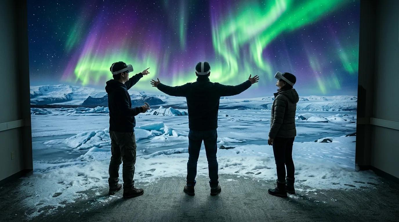 Drei Personen mit VR-Brille stehen auf einer Eisfläche unter Polarlichtern. Zu ihren Füßen ist noch ein kleines Stück des Zimmerbodens zu sehen