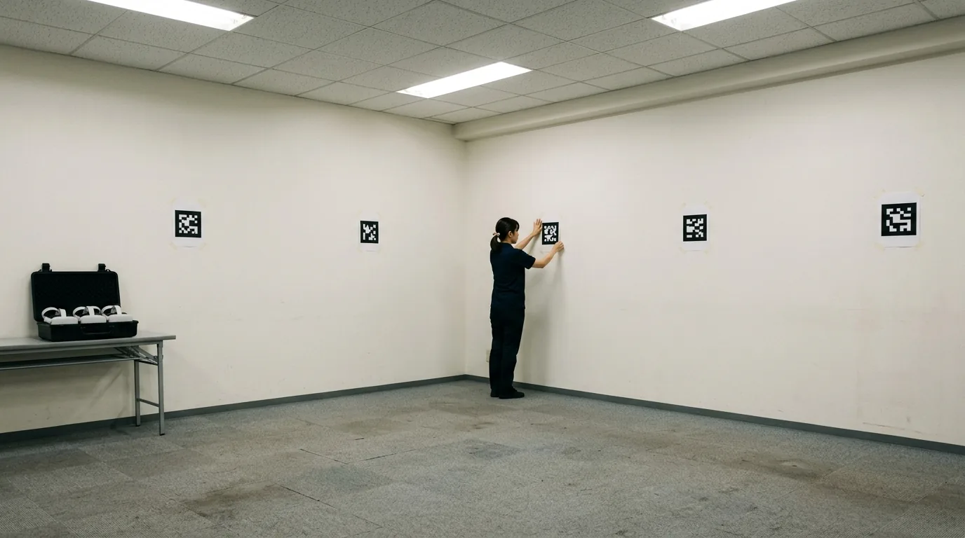 Eine Mitarbeiterin klebt einen schwarz-weißen, quadratischen Marker an die weiße Wand eines leeren Raums. An den anderen Wänden hängen in Abständen die gleichen Marker, auf dem Tisch steht ein Koffer mit VR-Brillen