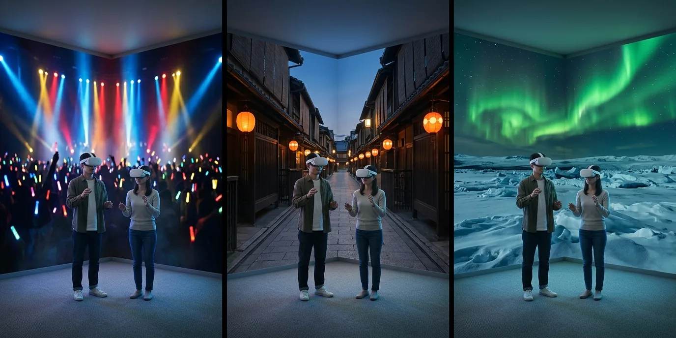 Drei Bilder zeigen zwei Personen an derselben Stelle desselben Raums. Links ist er zur Konzertbühne geworden, in der Mitte zu einem alten Straßenzug, rechts zu einer Eisfläche unter Polarlichtern