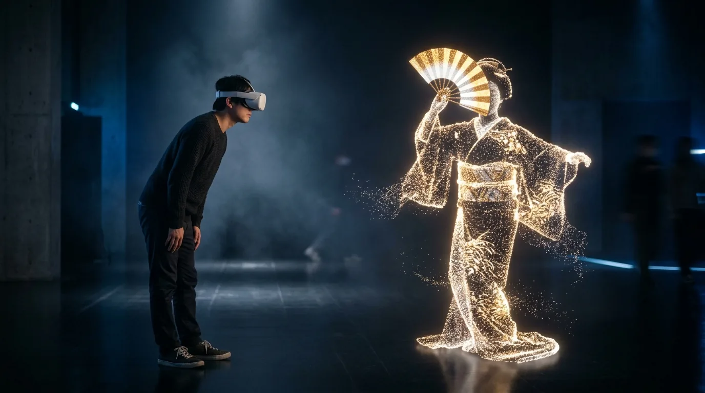 In einem dunklen Raum betrachtet eine Person mit VR-Brille aus nächster Nähe eine lebensgroße Tänzerin aus Lichttupfern