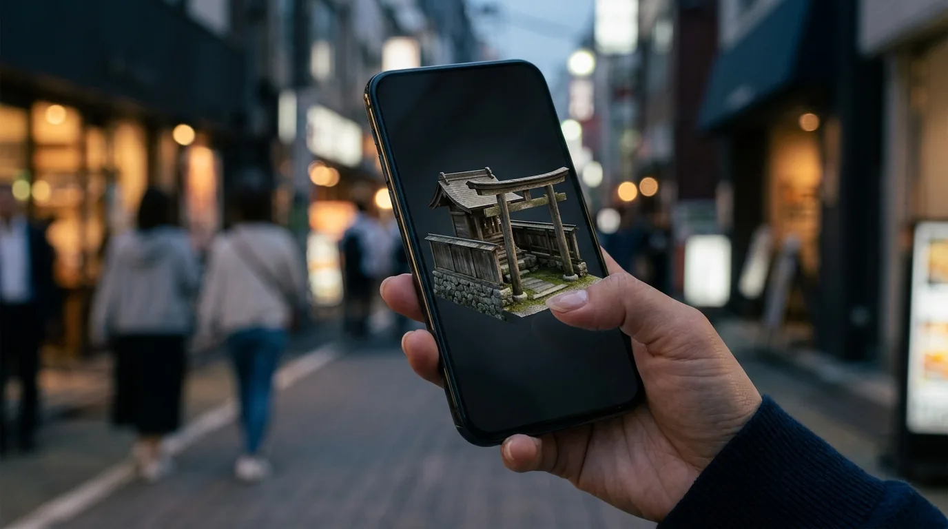 Mitten in der Stadt dreht jemand mit dem Finger die 3D-Daten eines hölzernen Tors auf dem Bildschirm eines Smartphones