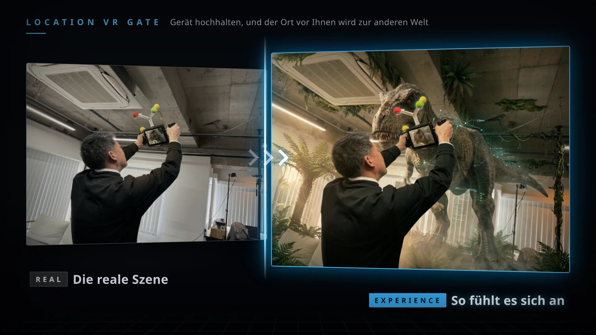 Location VR GATE. Links die reale Szene: In einem Innenraum wird ein Handgerät zur Decke hochgehalten. Rechts ein Eindruck des Erlebnisses: Am selben Ort erscheinen Dinosaurier und Dschungel