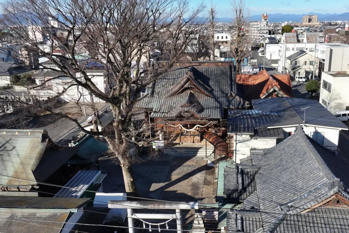 Luftaufnahme des Isesaki-Schreins, umgeben von Gebäuden und Bäumen der Innenstadt