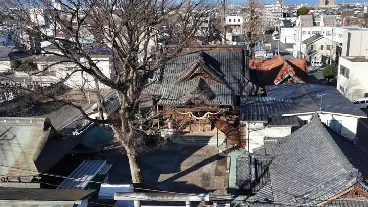 上空から撮影した伊勢崎神社と周囲の街並み